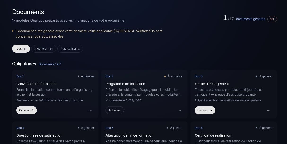 Modèles de documents et filtres Tous, À générer et À actualiser.