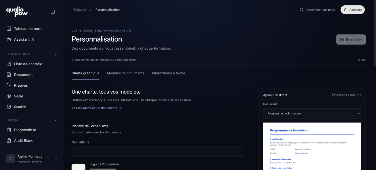 Éditeur de personnalisation et aperçu du programme de formation.