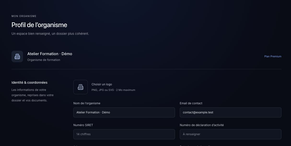 Profil de l’organisme, identité et coordonnées.